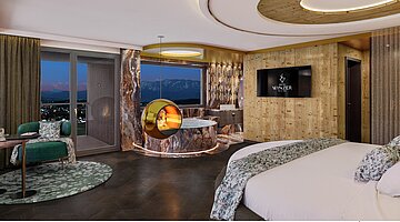 Visualisierung einer modernen Hotelsuite mit großem runden Bett, einer hellen Holz-Akzentwand mit TV und einem Whirlpool direkt am Panoramafenster mit Blick auf die Berge bei Dämmerung. In der Mitte hängt ein eleganter, kugelförmiger Kamin in Gold.