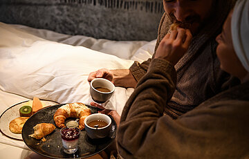 Breakfast in bed in a room at the romantic Hotel Winzer
