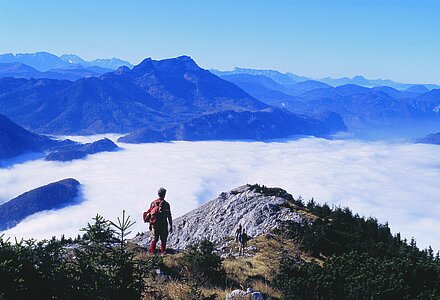 Mann betrachtet das Bergpanorama im Salzkammergut