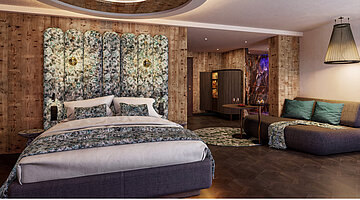 Juniorsuite Kuschelnest im Hotel Winzer mit Whirlpool, Doppelbett und warmem Holzdesign