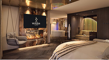 Perspektive vom kreisförmigen Bett aus auf die „Hotel Winzer“-Wellness-Suite. Links hängt ein korbartiger Schaukelsessel vor einer dramatischen Marmorwand, die einen eingebauten Kamin und einen Fernseher enthält, der den Text „HOTEL WINZER“ anzeigt. Rechts befindet sich eine private Sauna mit Glasfront, Holzbänken und einem hängenden Bademantel. Durch einen Durchgang im Hintergrund ist die freistehende Badewanne zu sehen. Dunkler Holzboden und goldene Akzente an der Decke mit Spotlights schaffen eine edle Atmosphäre.