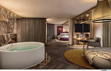 Visualisierung einer luxuriösen Hotel-Wellness-Suite. Im Vordergrund steht eine große, freistehende Whirlpool-Badewanne auf einem marmorierten Sockel. Rechts daneben befindet sich ein gemütlicher Sitzbereich mit einem runden Loungesessel, einem Beistelltisch und einem Kamin unter einem Fernseher. Im Hintergrund ist ein großer kreisförmiger Schlafbereich mit einem markanten violetten Kopfteil zu sehen. Die Suite zeichnet sich durch dunkles Fischgrätparkett, strukturierte Holz- und Marmorwände sowie warme, gedimmte Beleuchtung aus.