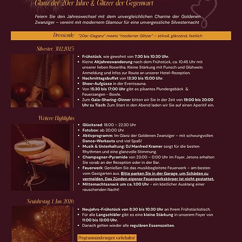 Silvester im Hotel Winzer. Ein Tag, der sich steigert. Mit Genuss, Musik und gemeinsamen Momenten. Am Abend trifft der Glanz der 20er Jahre auf den Glamour der Gegenwart. Stilvoll. Festlich.