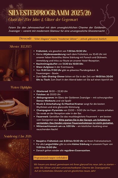 Silvester im Hotel Winzer. Ein Tag, der sich steigert. Mit Genuss, Musik und gemeinsamen Momenten. Am Abend trifft der Glanz der 20er Jahre auf den Glamour der Gegenwart. Stilvoll. Festlich.